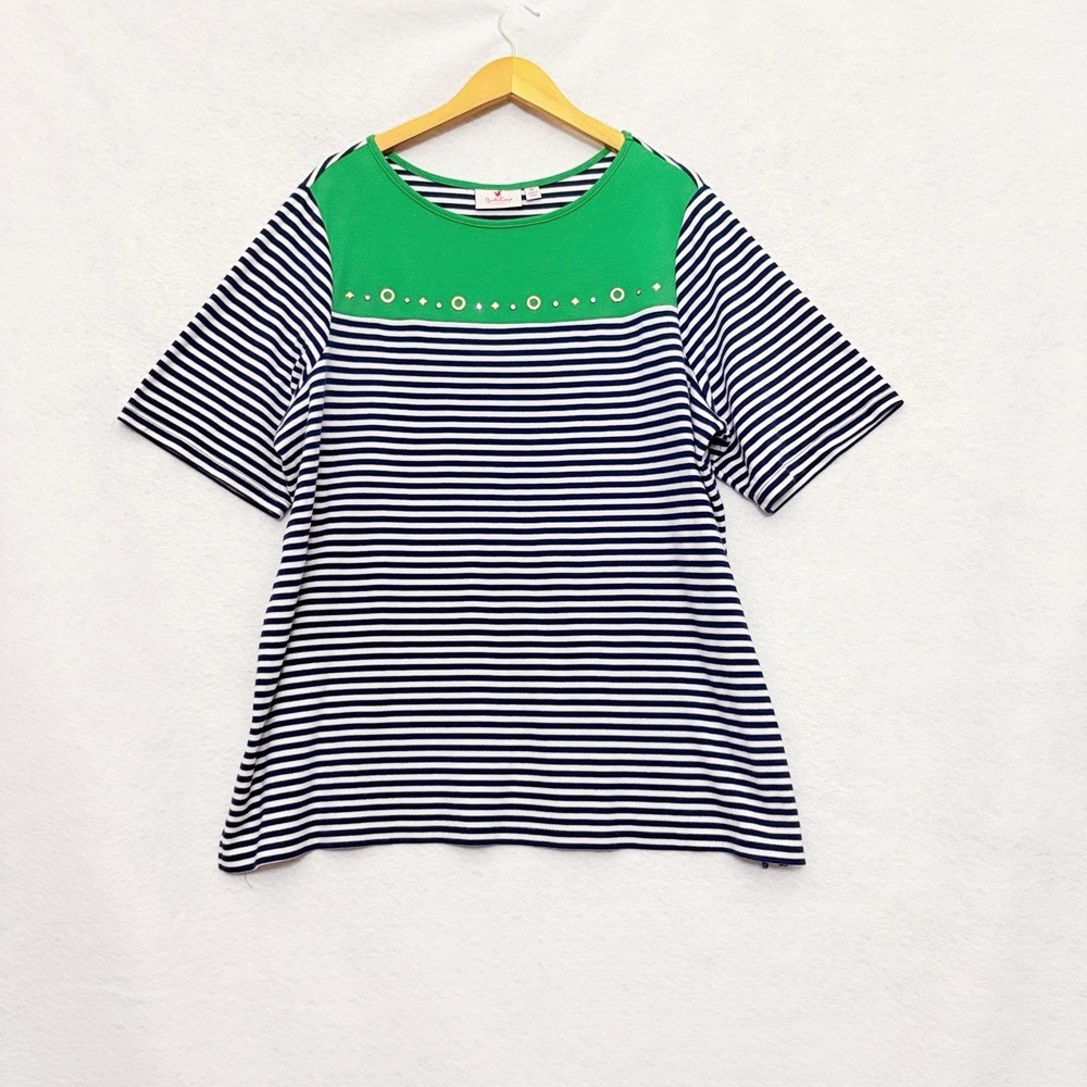 Quacker Factory Top Size 2X Striped Knit Embellished Nautical Coastal Preppy Tee